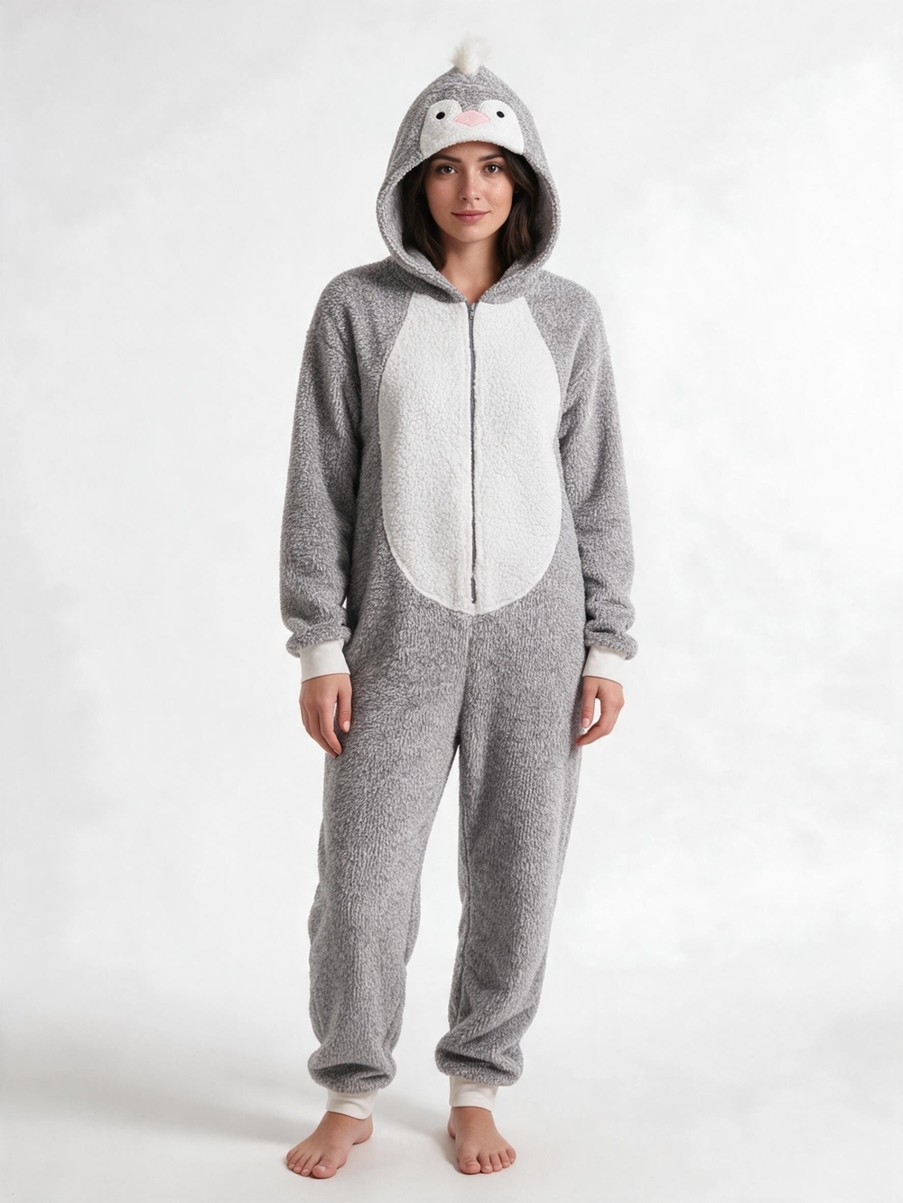 Forever 21 Fleece Onesie Penguin Cozy Pajama Womens Size XS Grey/white long pant